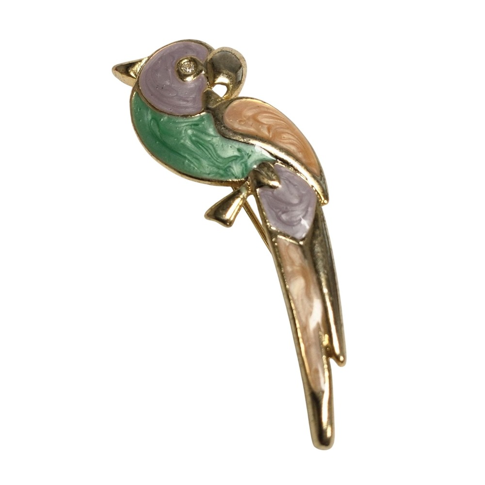 Vintage Parrot Bird Brooch Gold Tone Enamel Rhinestone Retro Tropical Jewelry